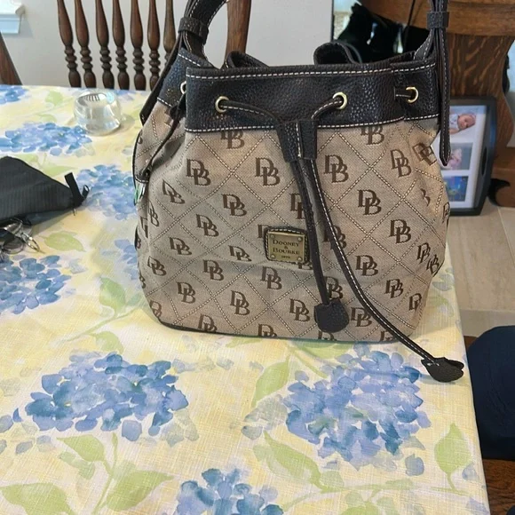 Dooney & Bourke Brown and Tan Shoulder Bag 10 x 12 x 6 drawstring closure - Picture 10 of 10